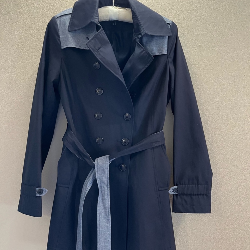 Donna Karan Blue Trench Coat with Denim Details